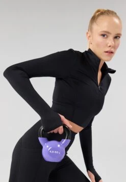 CROPPED HIGH NECK LONG SLEEVE TOP WITH 1/2 ZIP &THUMB HOLES - Longsleeve - Black