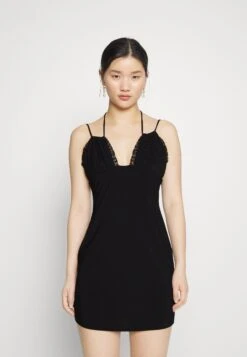 Strappy Lace Insert Open Neckline Mini Bodycon Dress - Cocktailjurk - Black